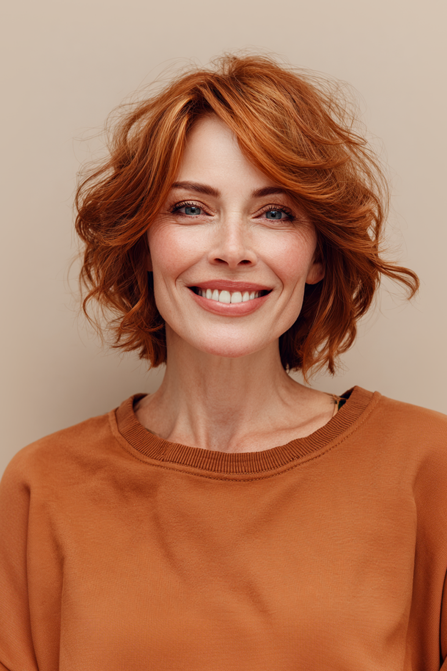 17. Layered Bob mit Vorhangstichen in Auburn Gewürz (Kinnlänge Haarschnitte für ältere Frauen) - Haarschnitte für ältere Frauen kinnlänge