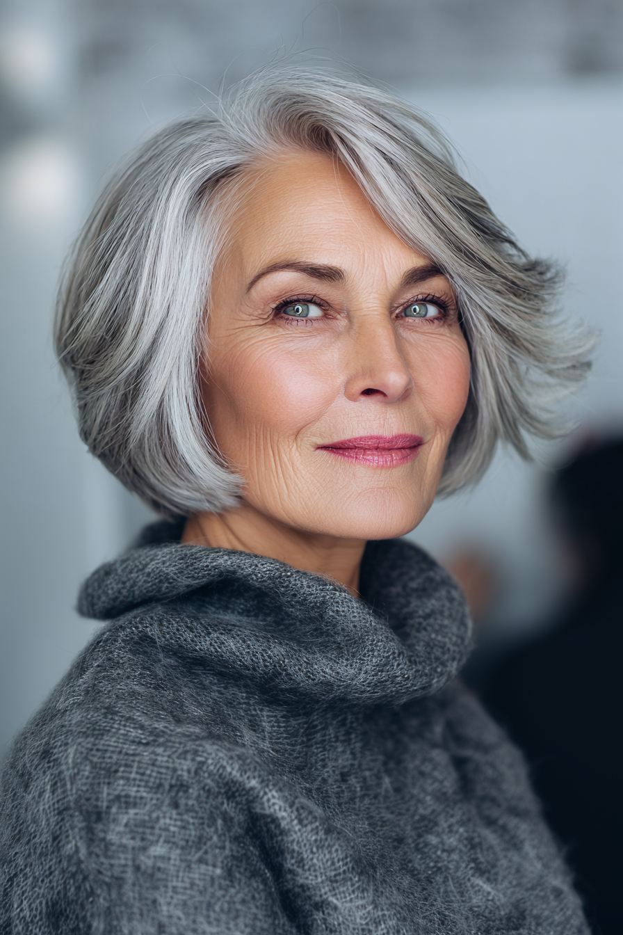 17. Layered Bob mit silbernen Balayage (kantige Haarschnitte für Frauen über 50) - kantige Haarschnitte für Frauen über 50