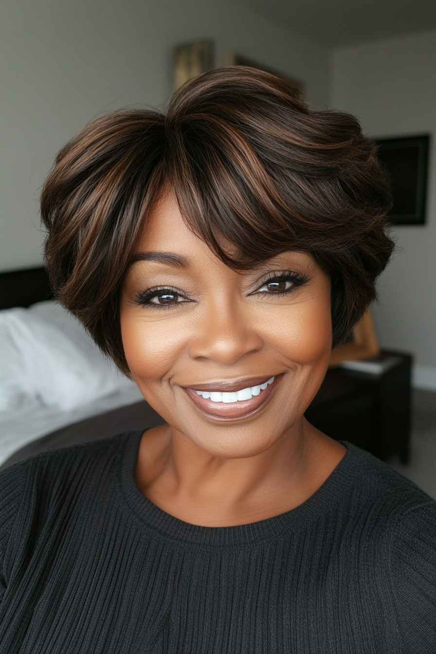 17. Layered Crown Pixie in erdigem Braun (Pixie-Haarschnitte für schwarze Frauen über 60) – Pixie-Haarschnitte für schwarze Frauen über 60