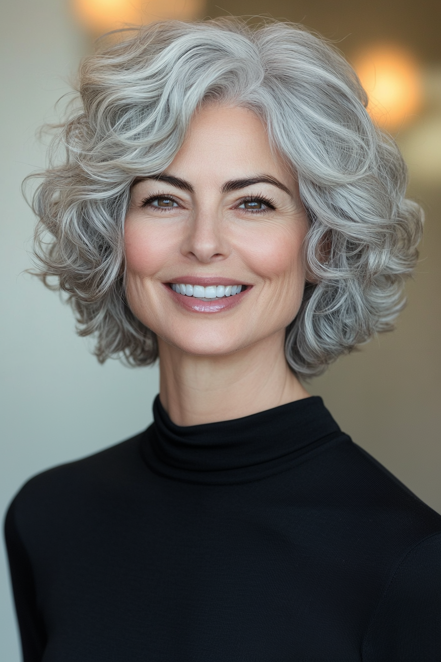 17. Layered Elfenbeingrau, sich verjüngter Schnitt (kurze lockige Frisuren für Frauen über 50 mit grauem Haar) - kurze lockige Frisuren für Frauen über 50 mit grauen Haaren