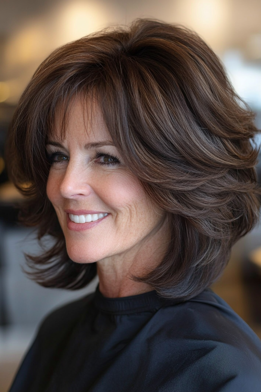 17. geschichtete Lob in dunklem Schokoladenbraun (kurze Haarschnitte für ältere Frauen mit dickem Haar) - kurze Haarschnitte für ältere Frauen mit dickem Haar