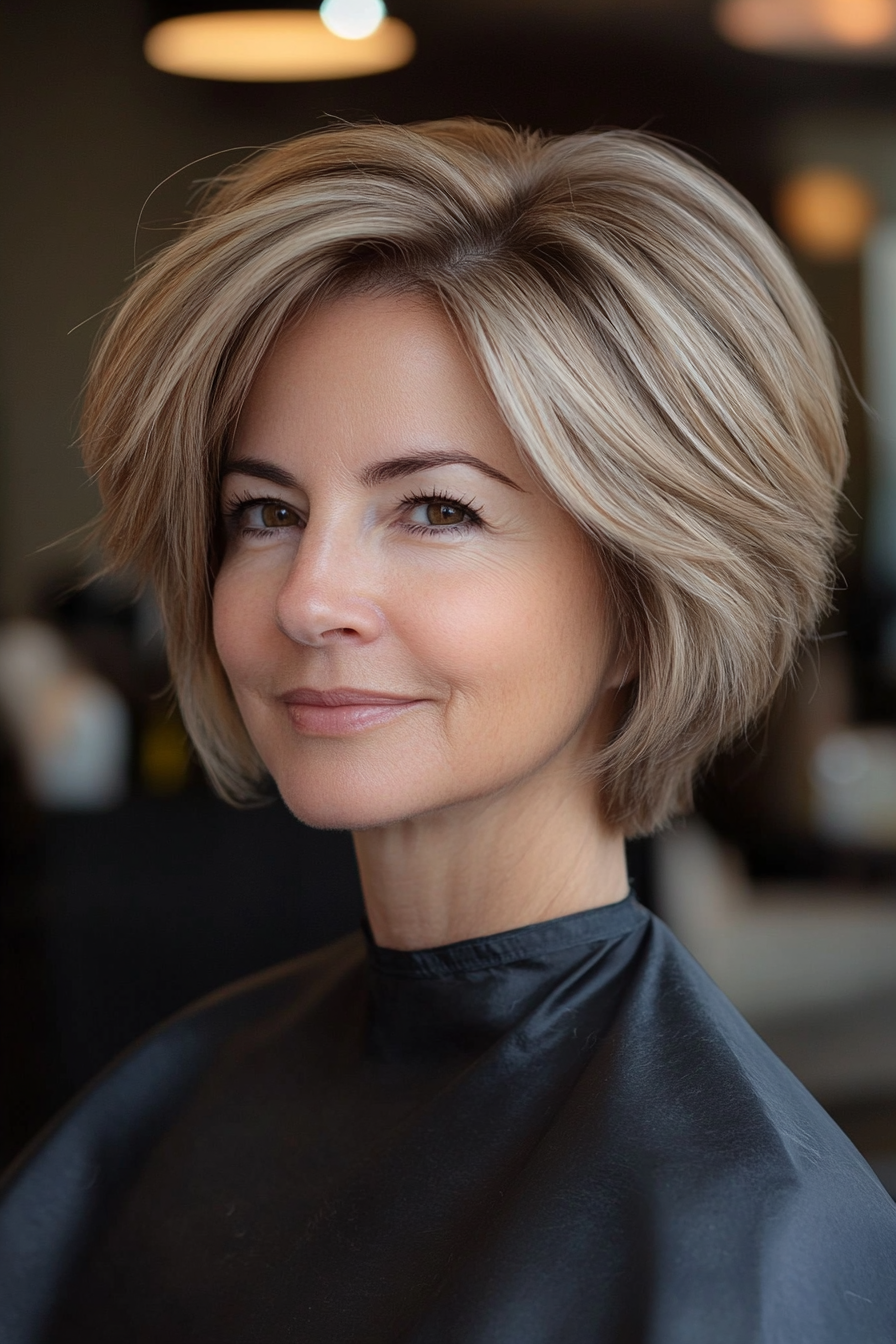 17. Leichter Brünette glattes Stapel (kurze Haarschnitte für Frauen über 50) - Kurzstapelte Haarschnitte für Frauen über 50