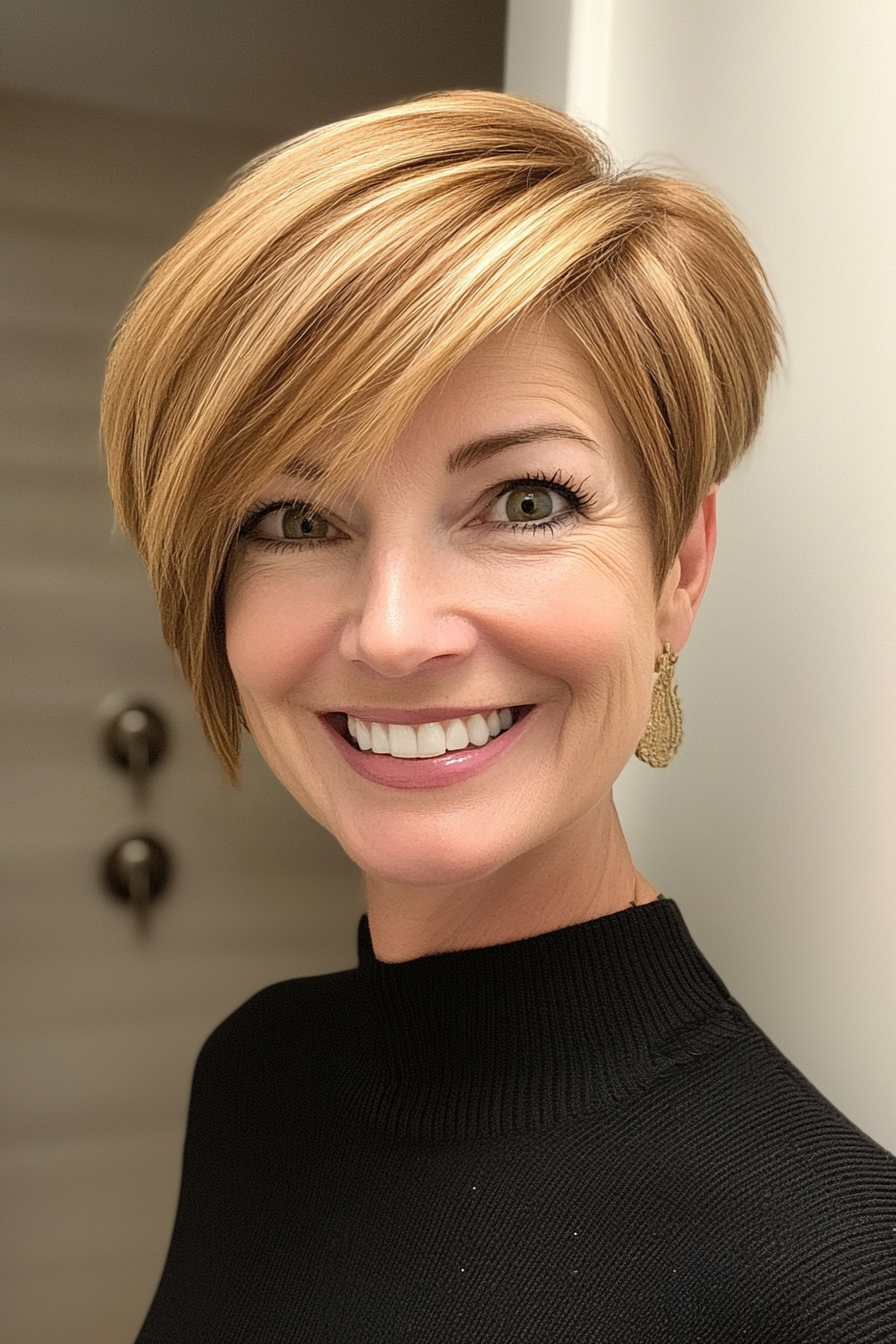 17. Hellgoldbrauner Bixie Cut (trendige Haarschnitte für Frauen über 40) - trendige Haarschnitte für Frauen über 40