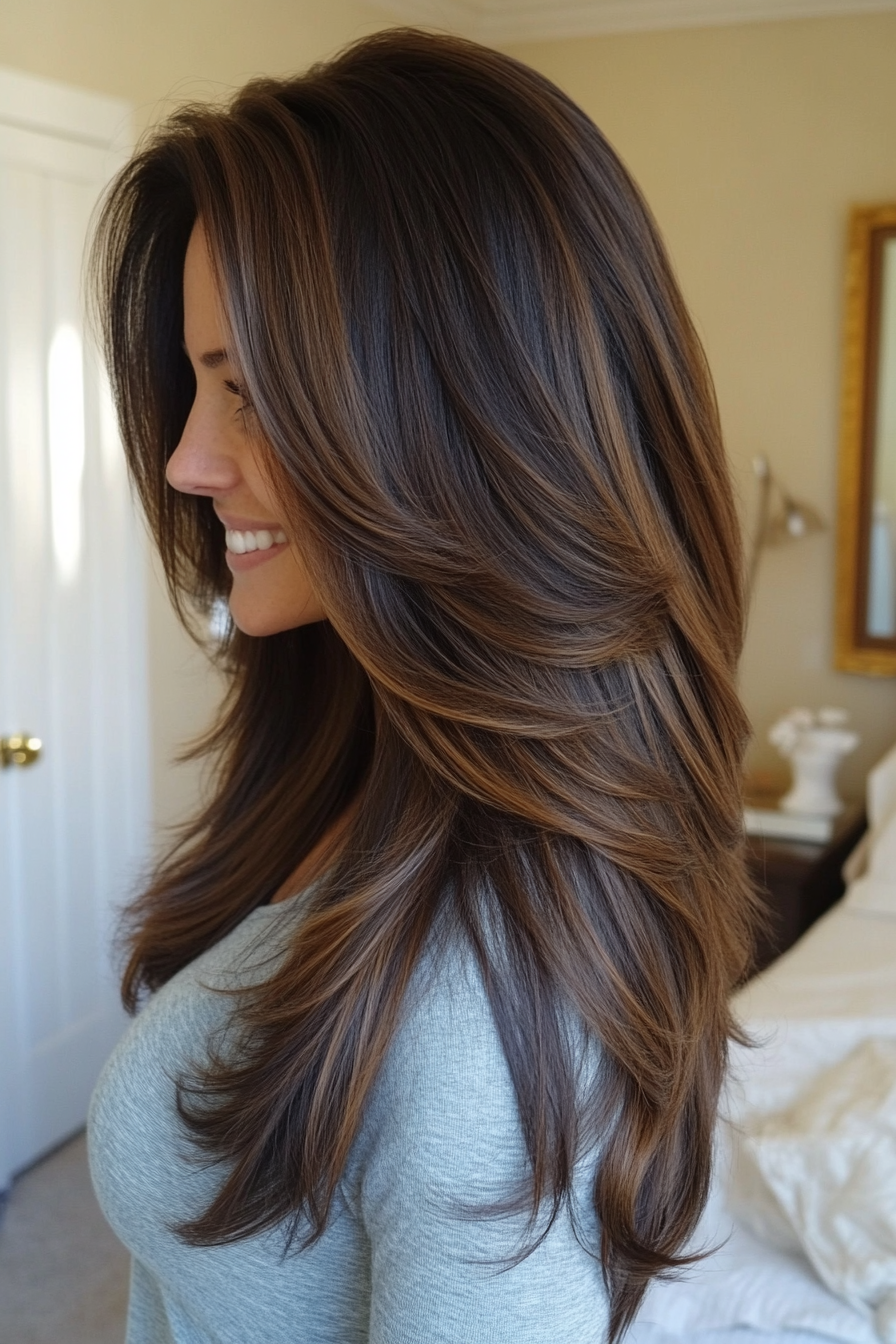 17. Lange brünette Schichten mit sich verjüngten Enden (Frisuren für Frauen über 40 mit langen Haaren) - Frisuren für Frauen über 40 mit langen Haaren