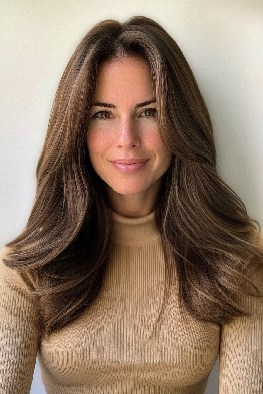 17. Lange kaskadierende Schichten in Espresso (lange Frisuren für Frauen über 50 mit dünnem Haar) - Lange Frisuren für Frauen über 50 mit dünnem Haar