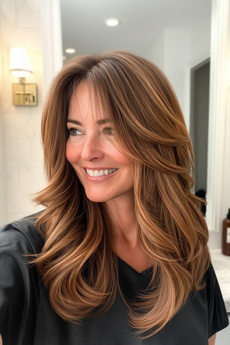 17. Langer Vorhang Pony mit kastanienbraunem Balayage (beste Haarschnitte für Frauen über 40) - beste Haarschnitte für Frauen über 40