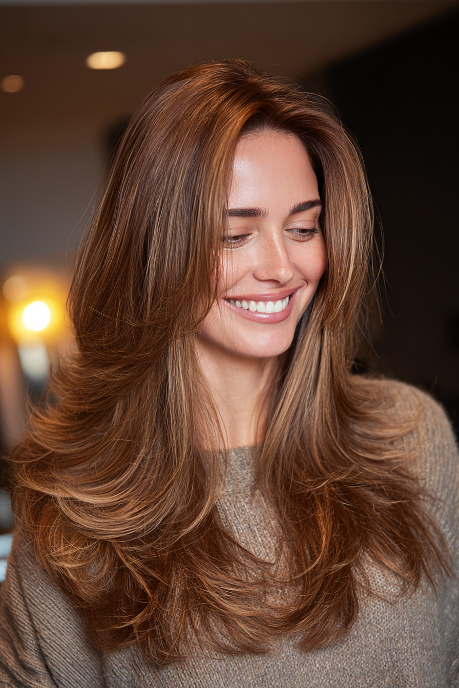 17. Lang gefiederte Schichten in Toffee (einfache Frisuren) - einfache Frisuren