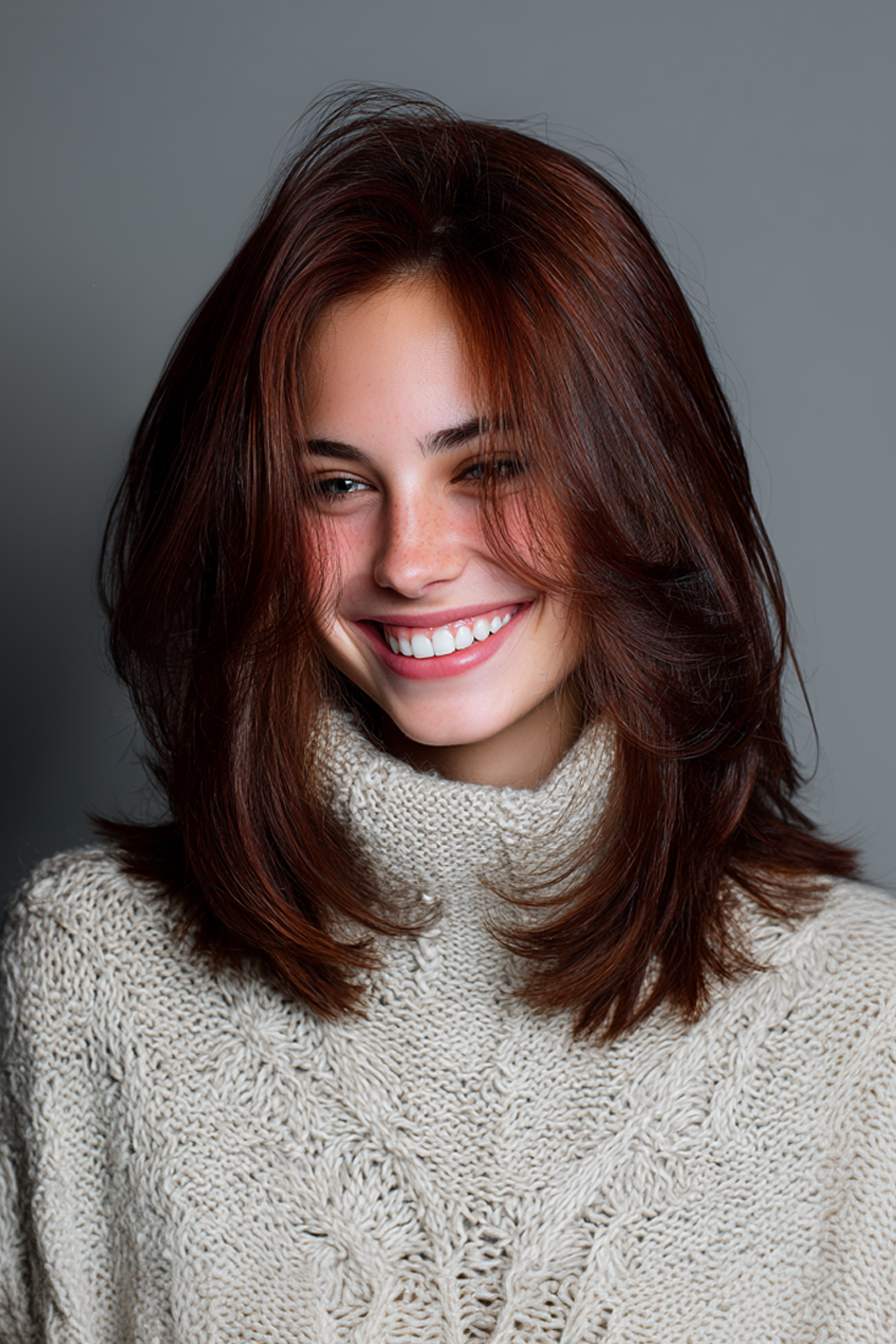 17. mittelgefütterte geschnitten mit Mahagoni -Tönen (mittelgroße geschichtete Haarschnitte für dickes Haar) - mittelschichtete Haarschnitte für dickes Haar