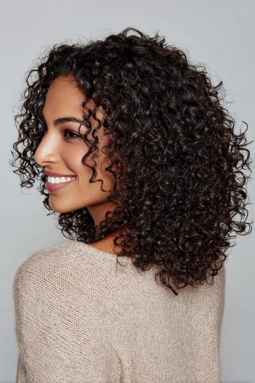 17. Mittellanger lockiger V-Schnitt in Kakaoschwarz (Mittellange Haarschnitte für lockiges Haar) – Mittellange Haarschnitte für lockiges Haar