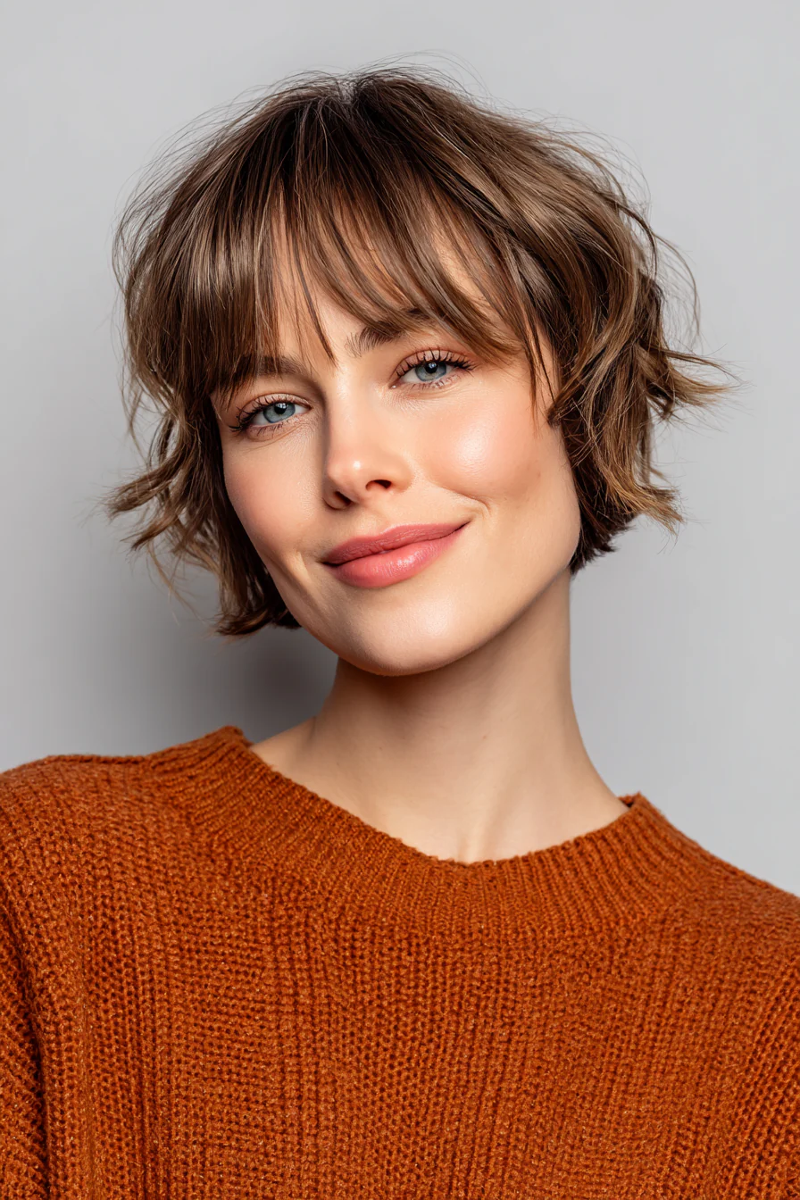 17. Moderner geschichteter Pixie-Bob mit weichem braunem Curtain Bangs (Curtain Bangs Haircuts) – Curtain Bangs Haircuts