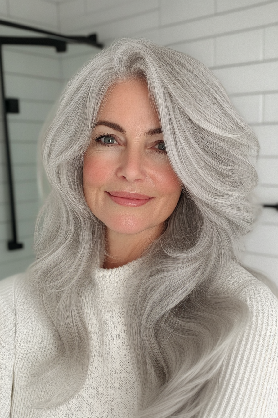 17. Perlgrau schulterlanger Shag (Shag -Frisuren für Frauen über 60) - Shag -Frisuren für Frauen über 60