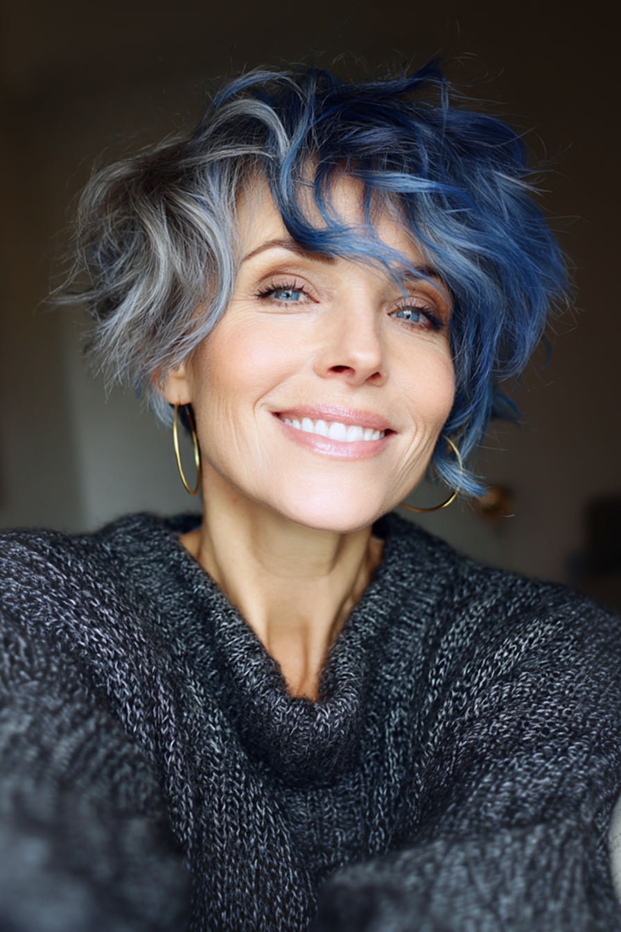 17. Pixie -Bob -Hybrid mit Indigo -Tipps (funky Haarschnitte für ältere Frauen) - Funky Haarschnitte für ältere Frauen