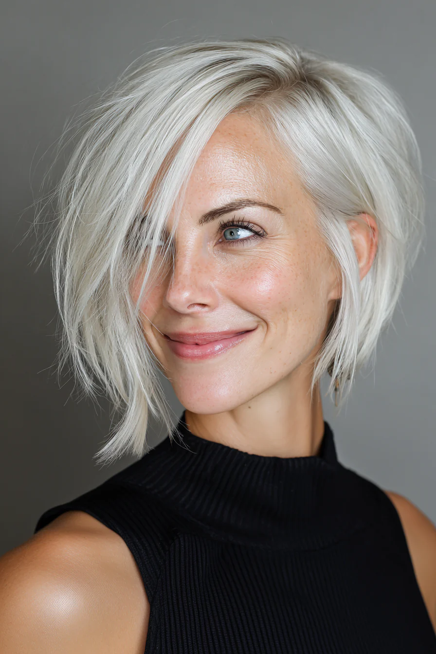 17. Platinblonder Seitenscheitel (Kurzhaarfrisuren für Frauen über 40 mit dünnem Haar) – Kurzhaarfrisuren für Frauen über 40 mit dünnem Haar