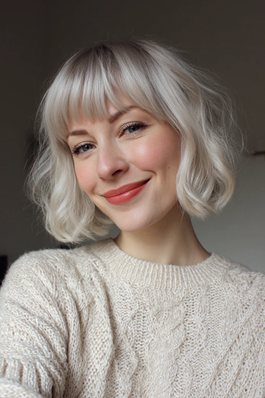 17. Retro-Bob mit perlblonden Baby-Pony (Bob-Frisuren mit Pony) – Bob-Frisuren mit Pony