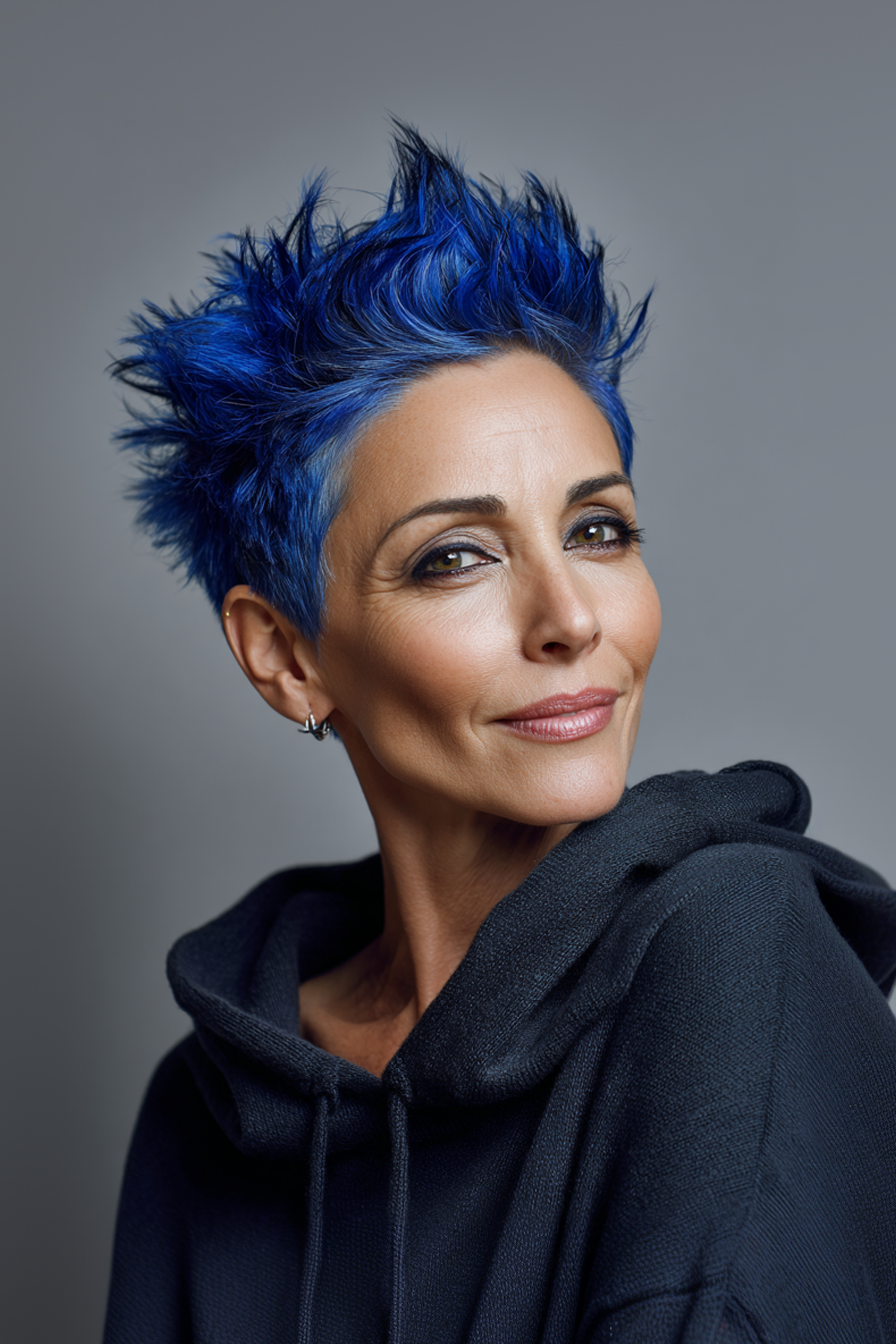 17. Sapphire blaue kantige Schichten (Stachelfrisuren für Frauen über 50) - Stachelfrisuren für Frauen über 50