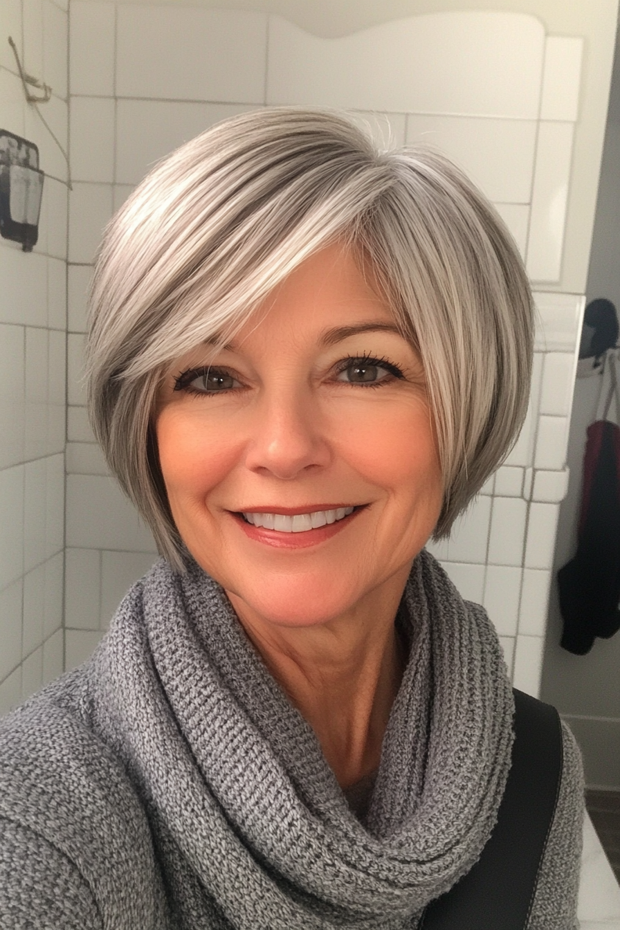 17. Kurzgeschichtetes Bob in Salz und Pfeffer (kurze gerade Frisuren für ältere Frauen) - kurze, gerade Frisuren für ältere Frauen