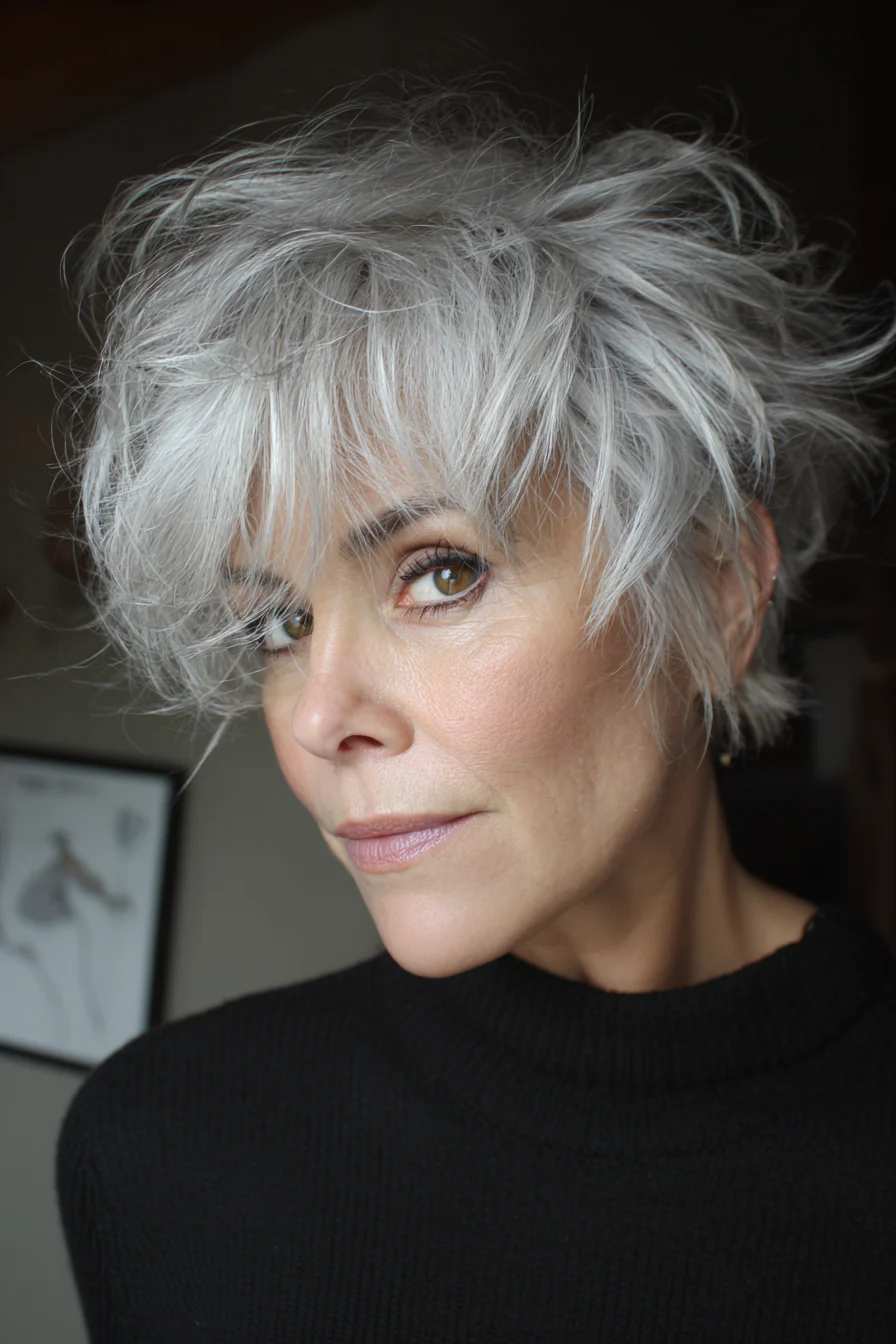 17. Kurzer strukturierter Shag – Silbergrau (kurze Frisuren für ältere Frauen mit dickem Haar) – Kurze Frisuren für ältere Frauen mit dickem Haar