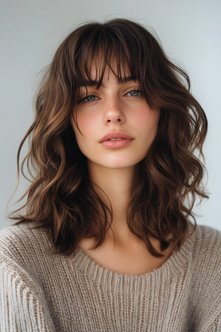 17. Schultertraining in Asche Mokka (wellige Haarschnitte mit Vorhang Pony) - wellige Haarschnitte mit Vorhangstücken