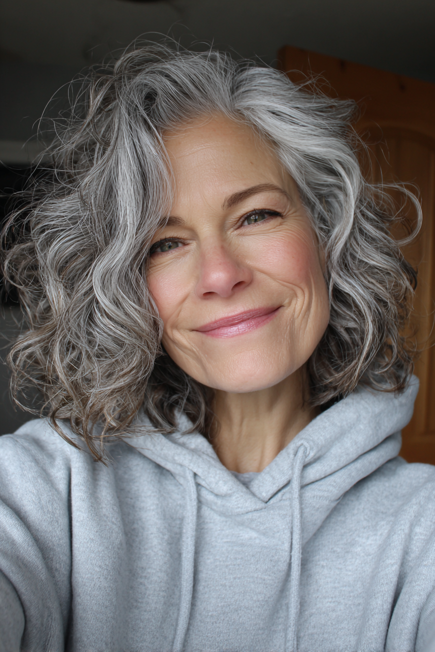 17. Schulterlange Locken mit silbernen Babylights (Unordentliche Frisuren für Frauen über 50) – Unordentliche Frisuren für Frauen über 50