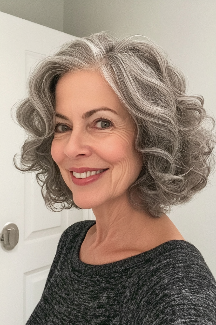 17. Bob mit weichem Grau (Haarschnitte für Frauen über 50 mit lockigem Haar) - Haarschnitte für Frauen über 50 mit lockigem Haar