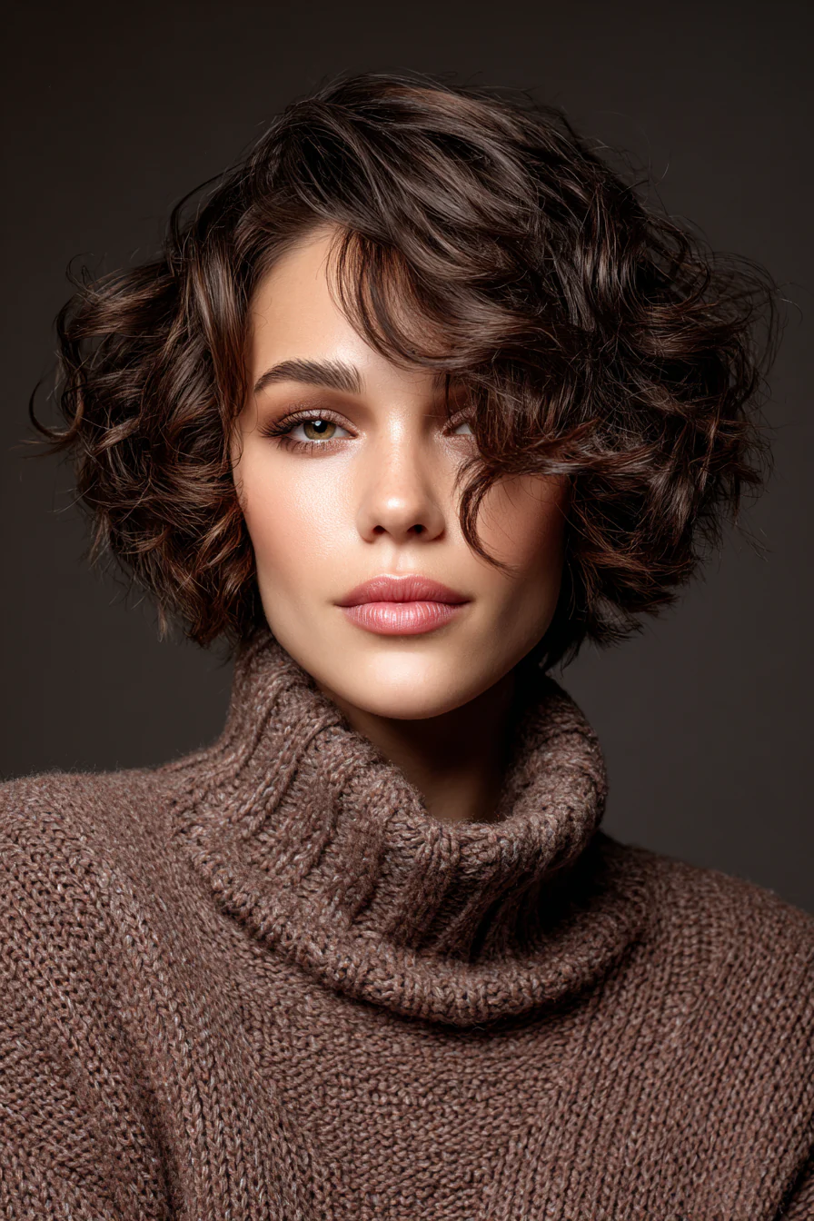 17. Seitlich geteilter, gekräuselter Schnitt in Schokoladenschmelze (kurze formelle Frisuren) – Kurze formelle Frisuren