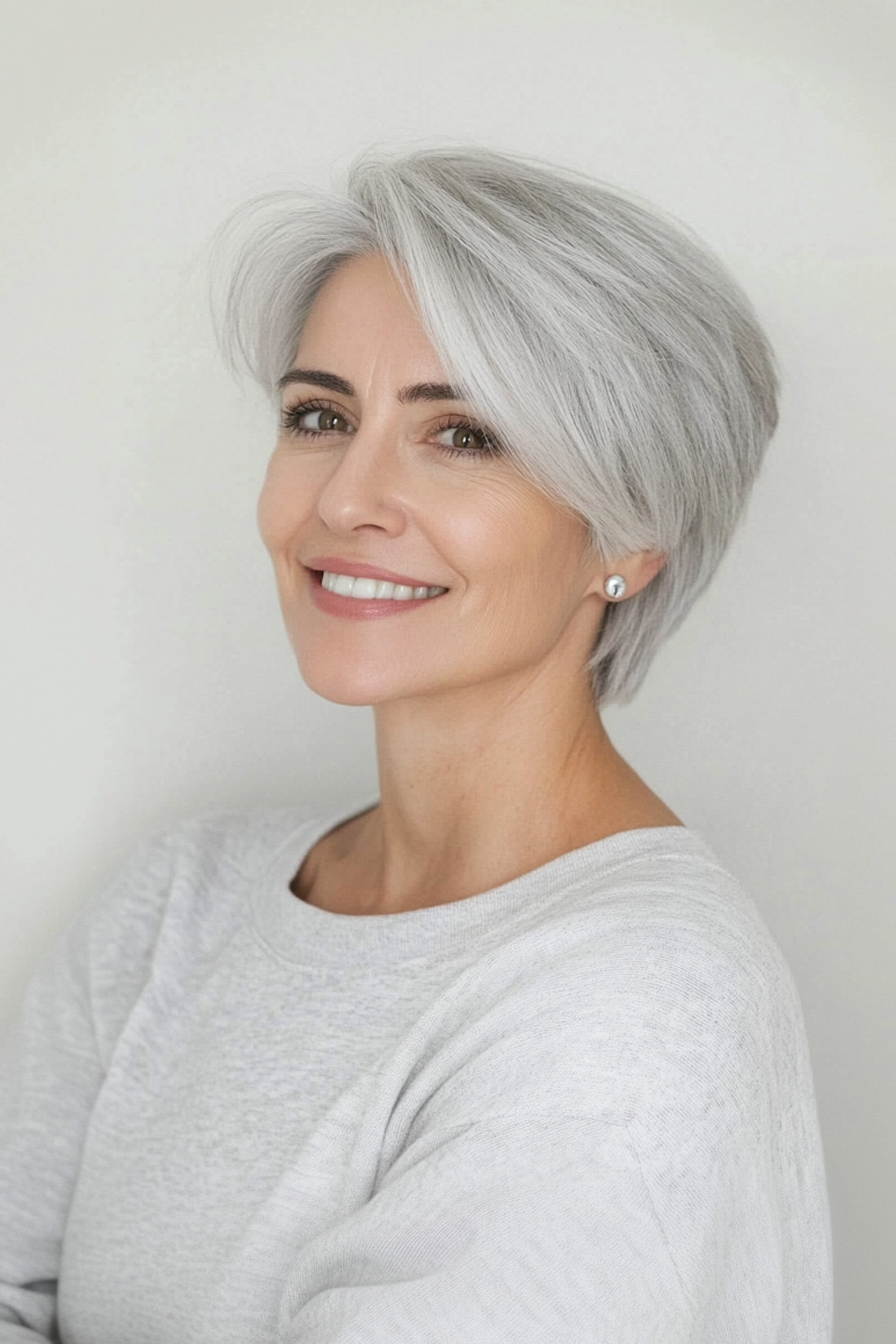 17. Seitübergreifende Silberernte mit sich verjüngter Ausschnitt (Frisuren für ältere Frauen mit grauem Haar) - Frisuren für ältere Frauen mit grauem Haar