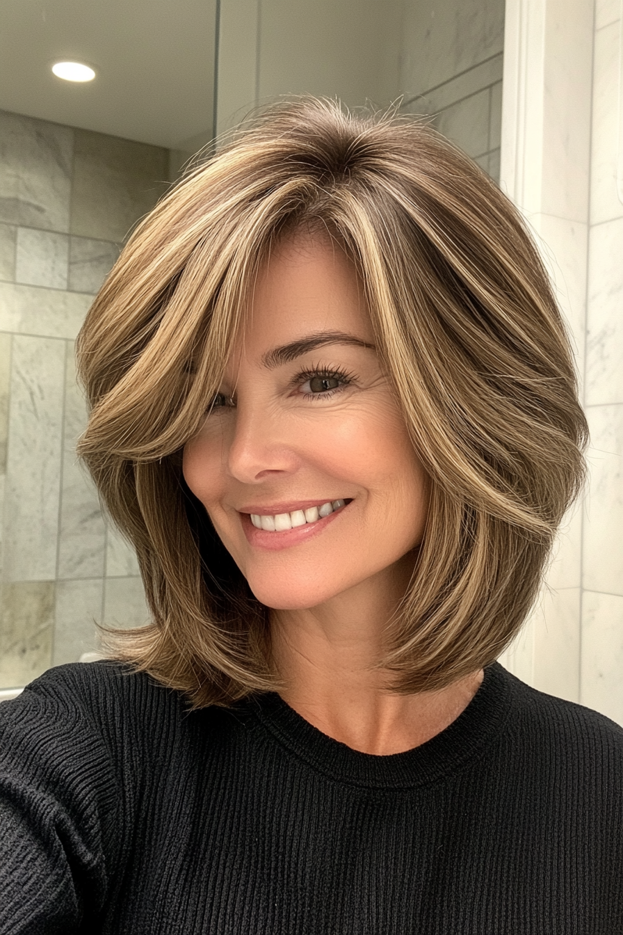 17. Side -Swepte mittelgroße Bob mit hellbraunem honigbraunem Dimension (Frisuren für Frauen über 60 mit dickem Haar) - Frisuren für Frauen über 60 mit dickem Haar