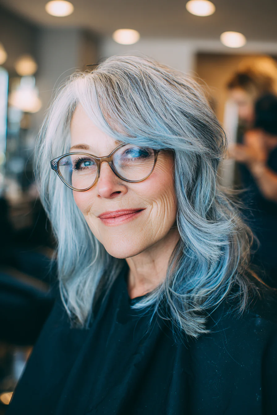 17. Silberblaue Mischstufen mit seitlichen Fransen (Frisuren für ältere Frauen mit Brille) – Frisuren für ältere Frauen mit Brille