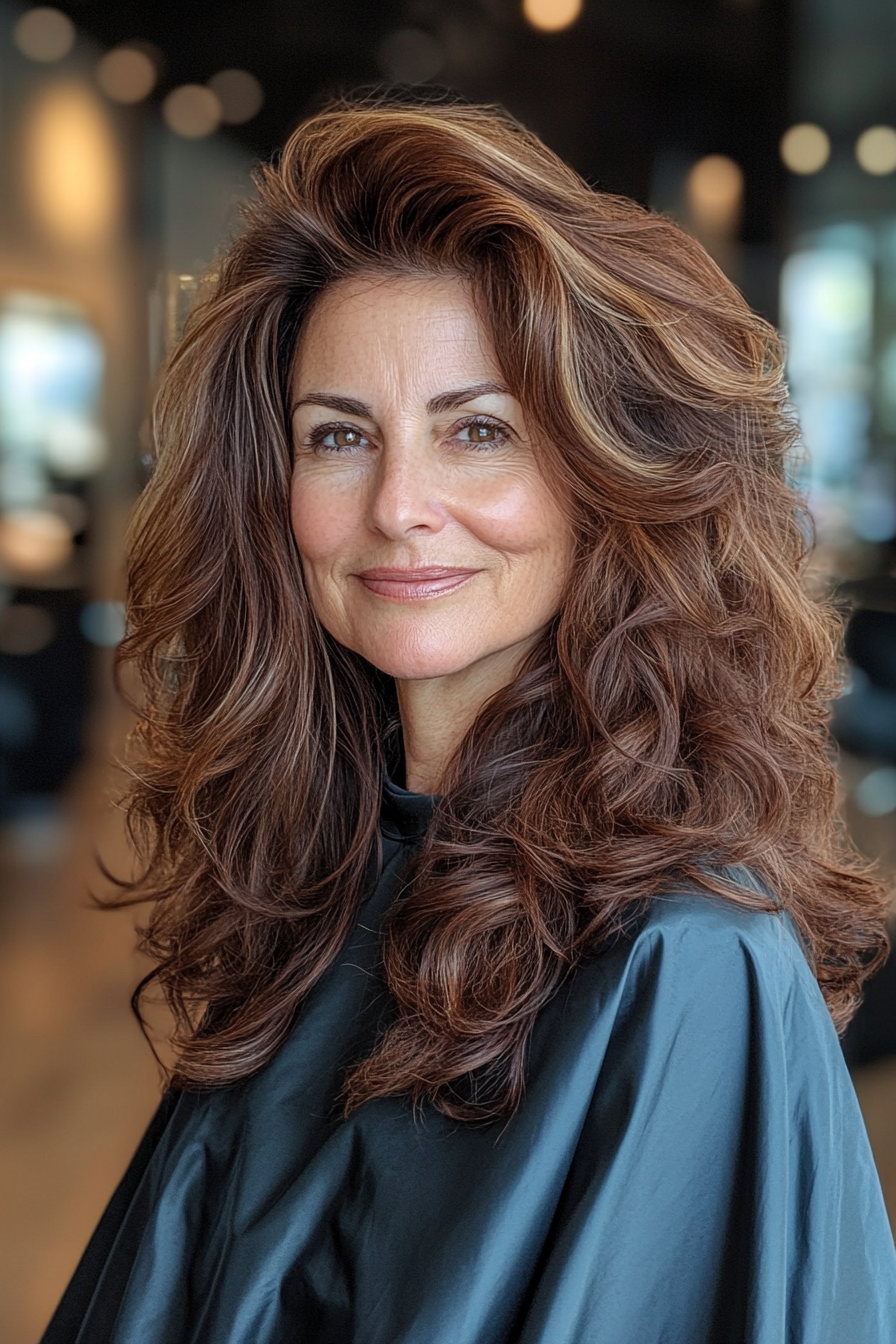 17. Weiche Locken mit reichem Kakaobraun (Haarschnitte für Frauen über 60 mit welligem Haar) - Haarschnitte für Frauen über 60 mit welligen Haaren