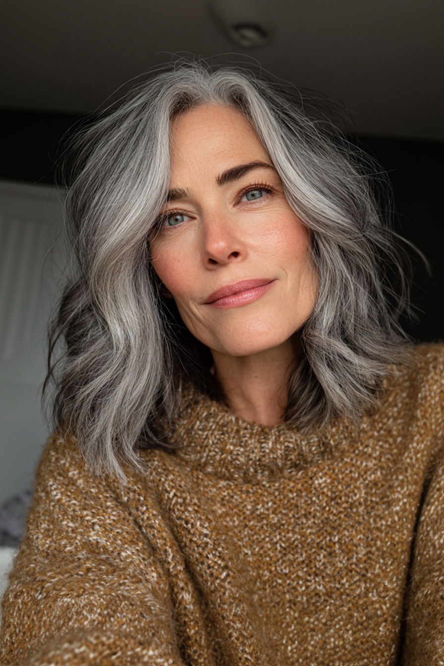 17. Weiche graue Gesichtsschichten (graue Frisuren für Frauen über 40) - graue Frisuren für Frauen über 40