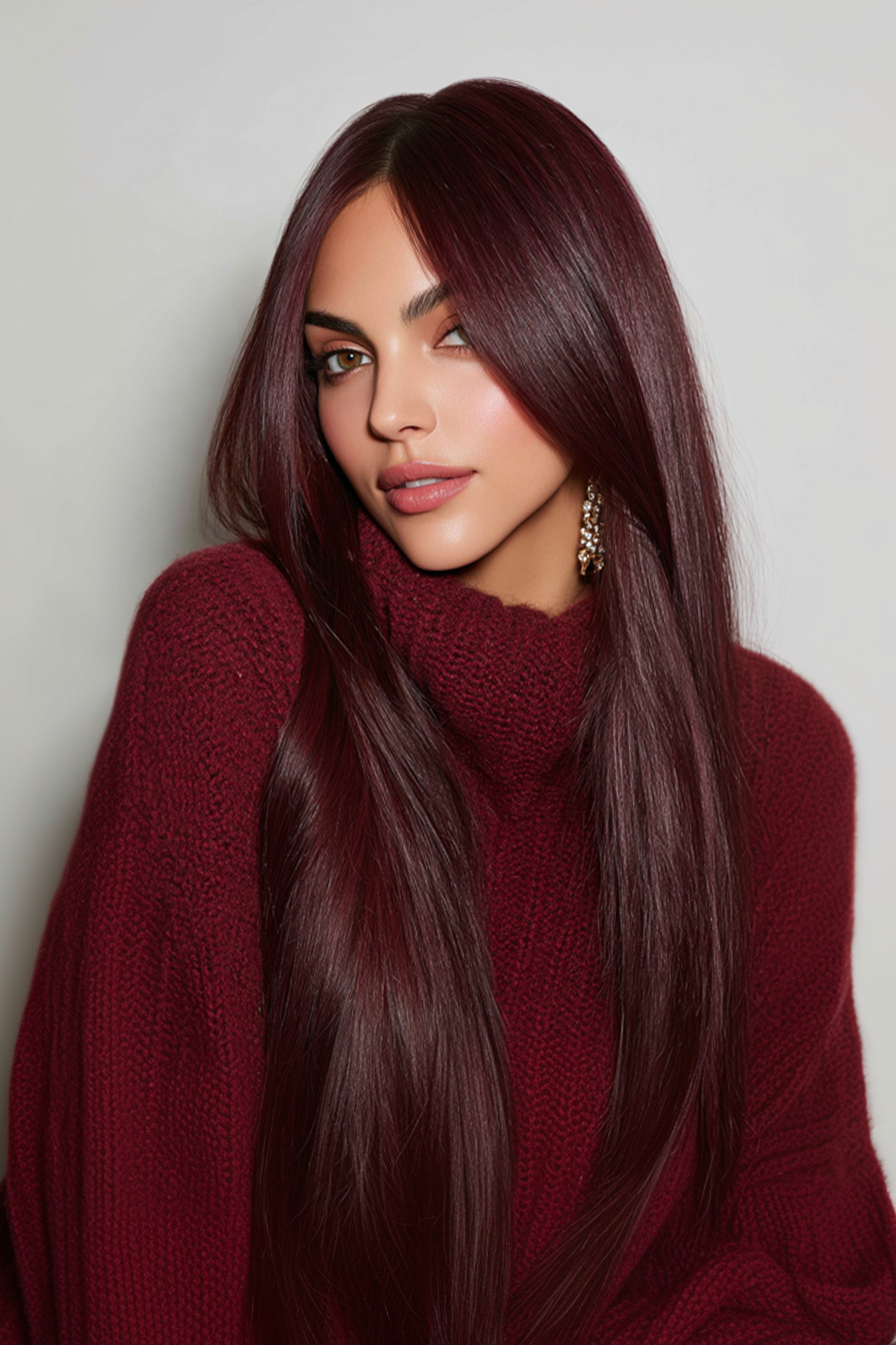 17. Gerade lange Schnitt mit burgunderfarbenem Glanz (lange Haarschnitte für ovales Gesicht) - lange Haarschnitte für ovales Gesicht