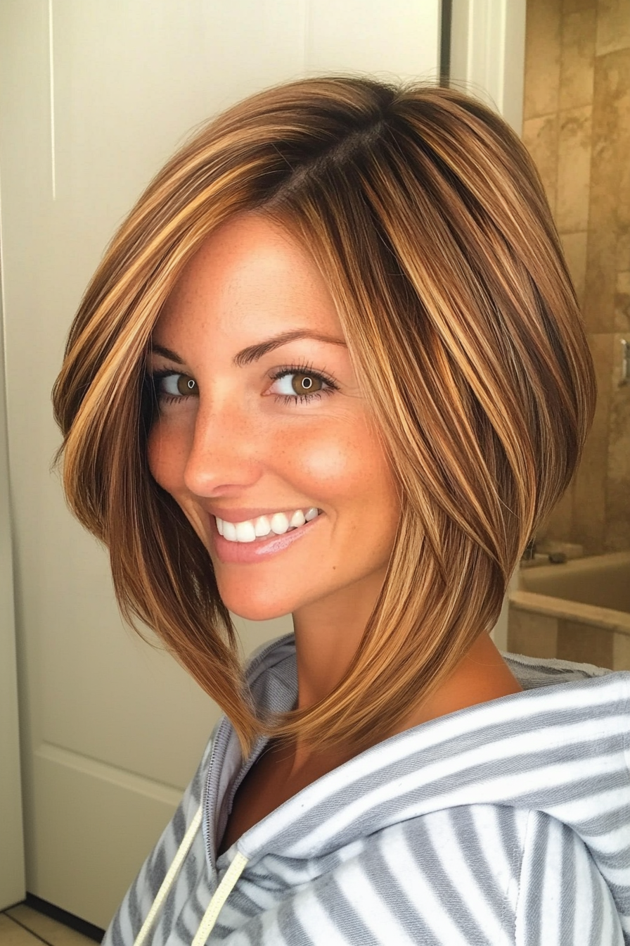 17. sonnenverwöhnter goldener, geschichtter Bob (abgewinkelte geschichtete Bob -Haarschnitte) - abgewinkelte Schichtbobhaarschnitte