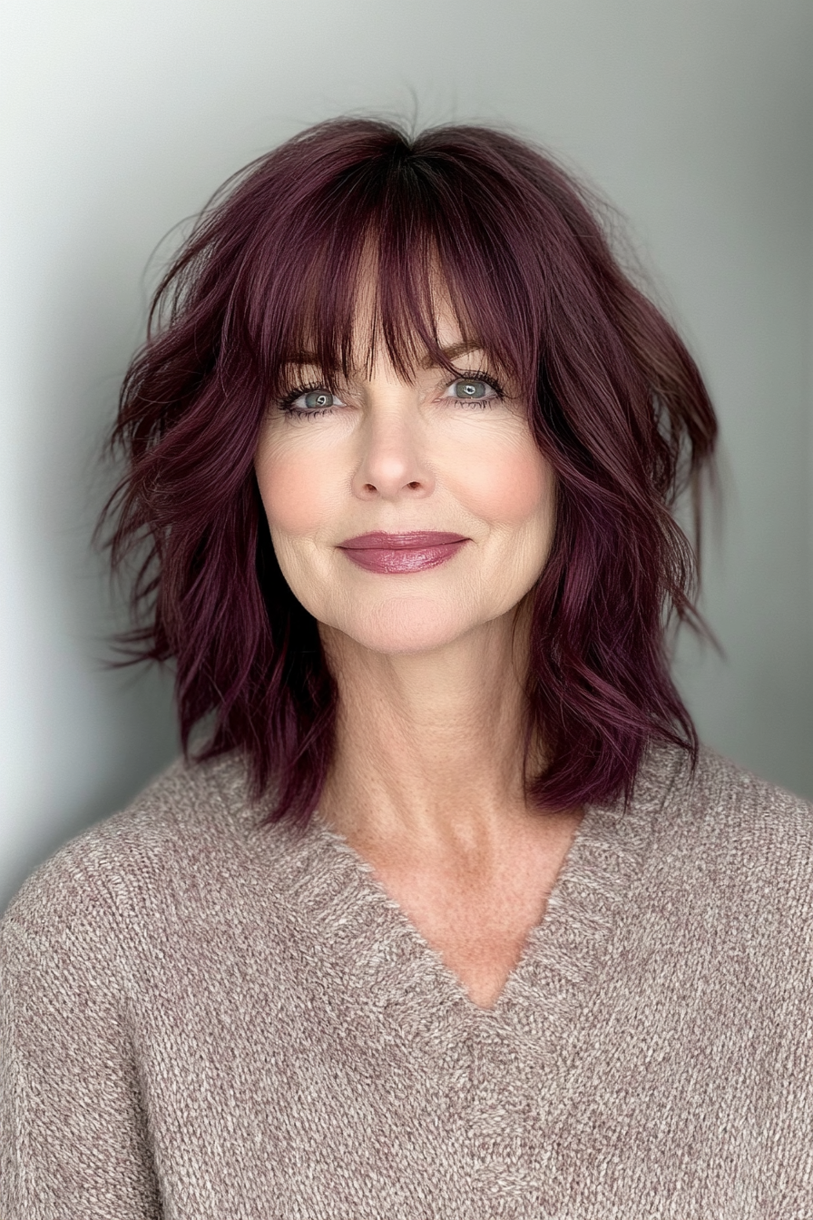 17. strukturierter Lob mit zotteligen Pony in burgunderfarbenem Pflaumen (Haarschnitte für Frauen über 60 mit Pony) - Haarschnitte für Frauen über 60 mit Pony