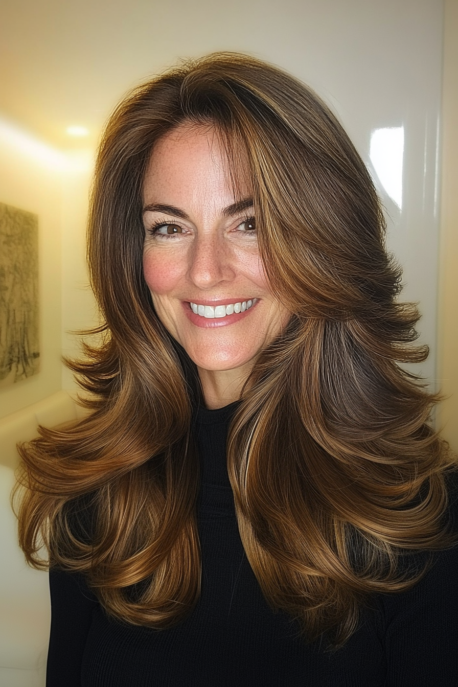 17. Warm brünette geschichtete Blowout (Hochzeitsfrisuren für ältere Frauen) - Hochzeitsfrisuren für ältere Frauen