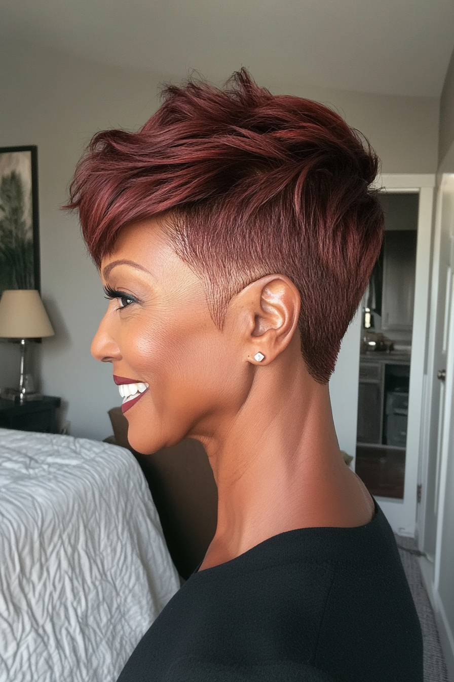 17. Warme Mahagoni -Undercut -Pixie (kurze Frisuren für schwarze Frauen über 60) - kurze Frisuren für schwarze Frauen über 60