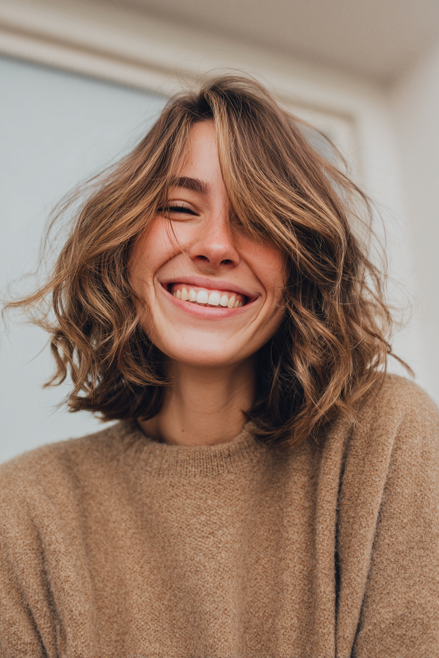 17. Wavy Bob mit Seitenteilungen in Bronde Balayage (kurze Bob -Frisuren mit Pony) - kurze Bob -Frisuren mit Pony