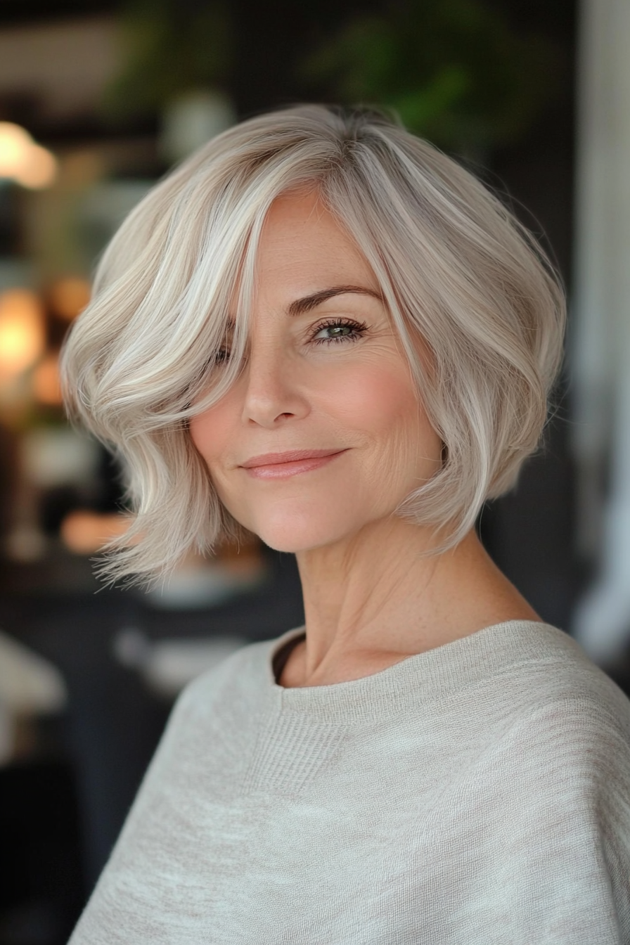 17. Wellenkinnlänge Bob mit Side Sweep in Champagnerblonde (asymmetrische Frisuren für ältere Frauen) - Asymmetrische Frisuren für ältere Frauen