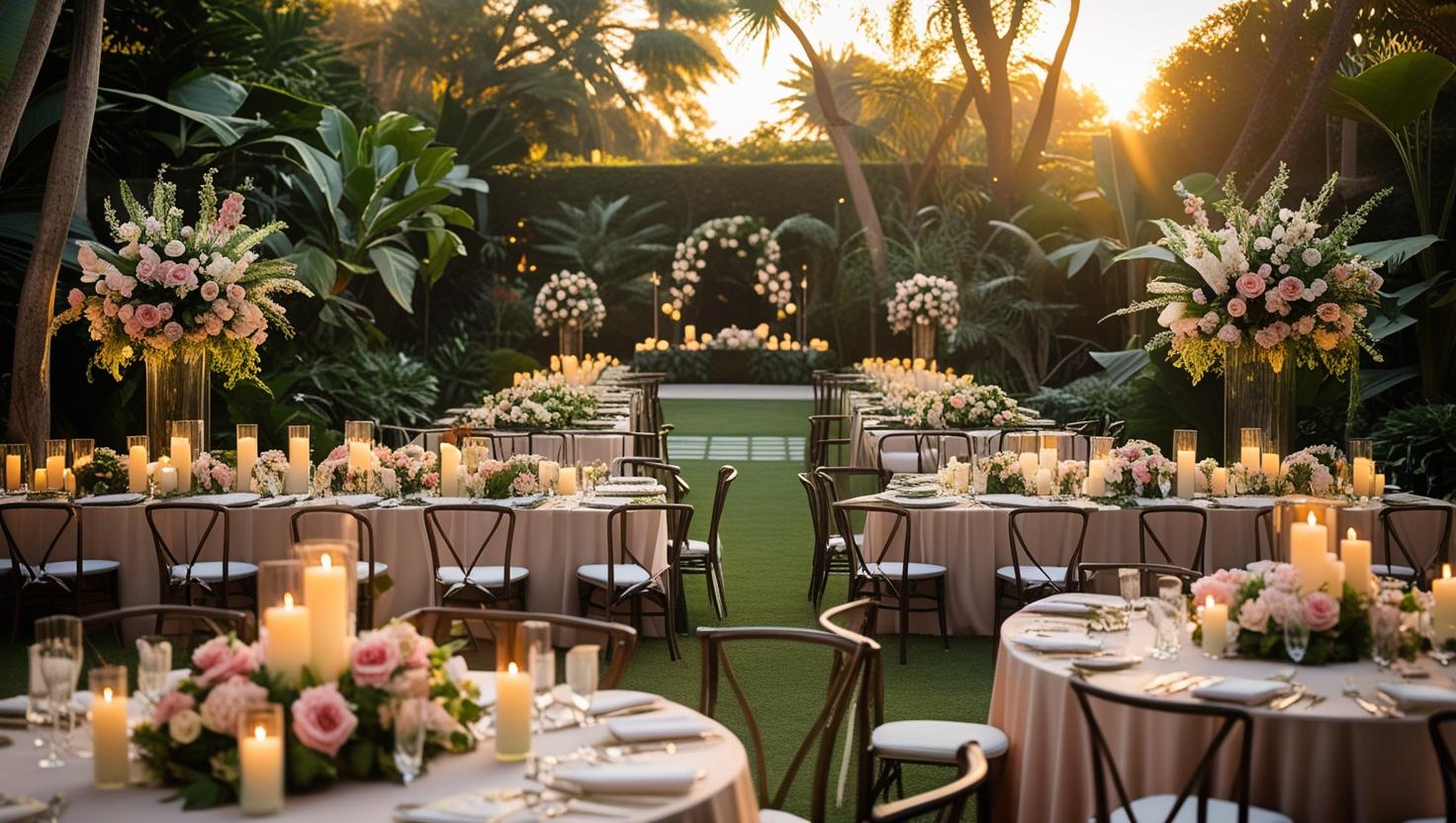 Hochzeits Veranstaltungsort im Freien mit Kerzen und Blumen dekoriert
