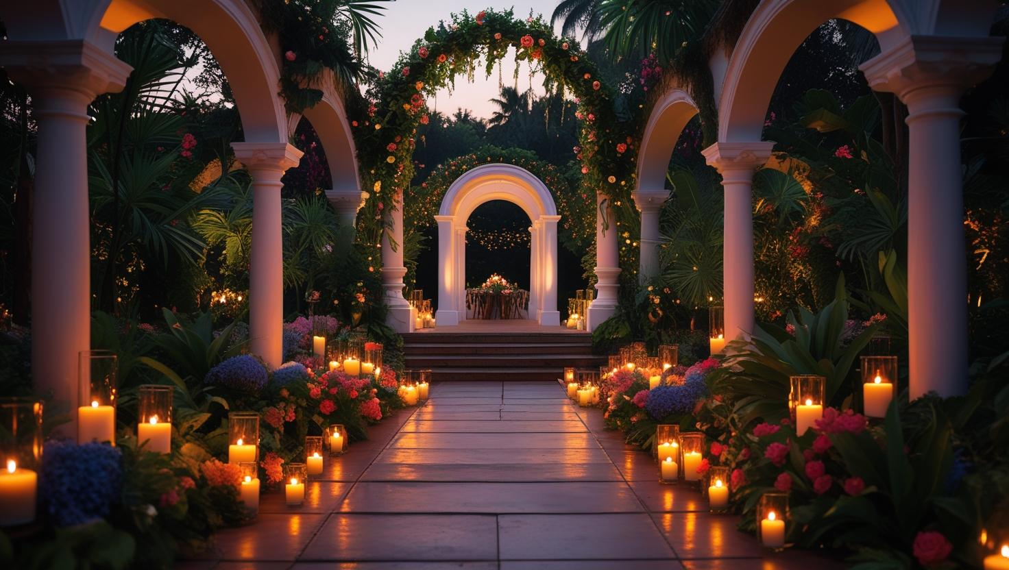 Ein Hochzeitsort für botanische Garten mit flackernden Kerzenlichtern, üppigem Grün und lebendigen Blumen
