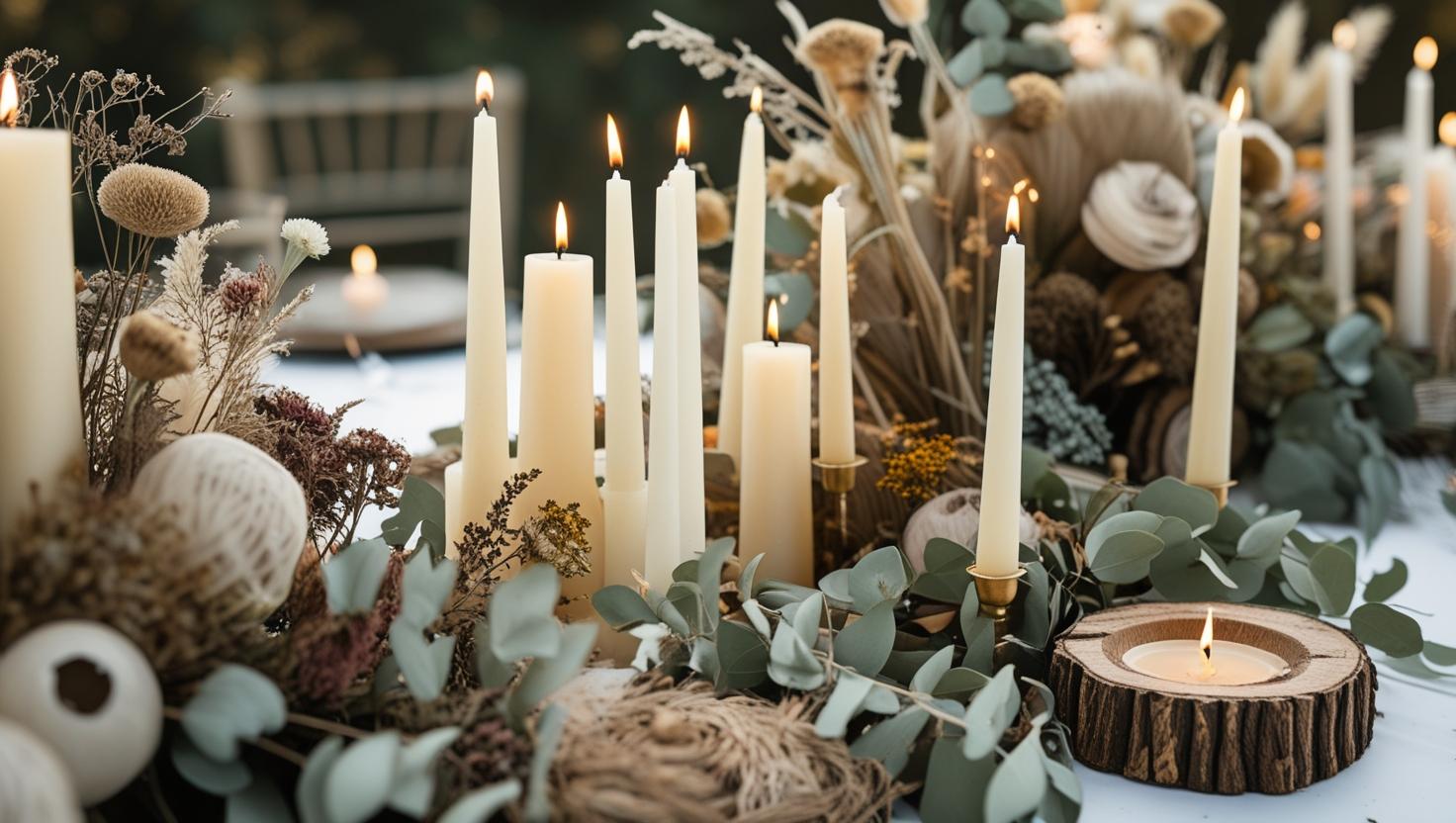 Garten Hochzeitsdekoration mit Kerzen und rustikalen botanischen Elementen