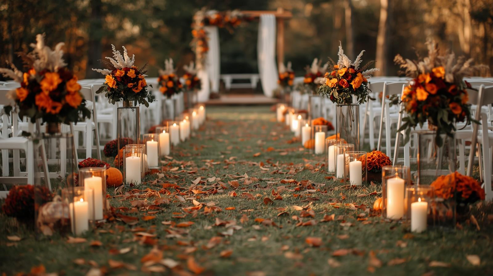 Herbst im Freien Hochzeitsdekoration mit Säulenkerzen und saisonalen Blumen