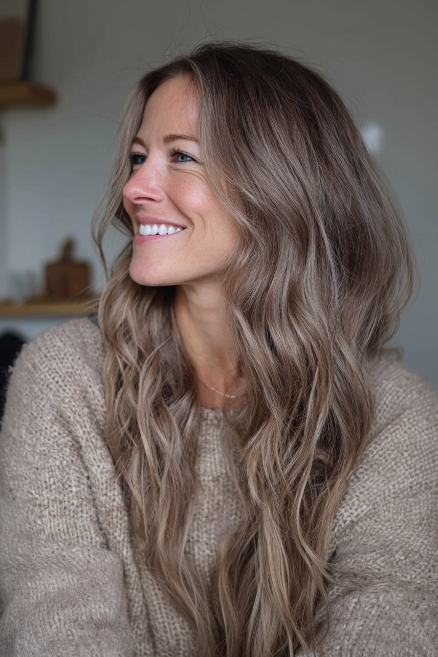 10. Wellenschicht geschnitten mit aschbraunem Balayage (geschichtete Haarschnitte für Frauen über 40) - Schichthaarschnitte für Frauen über 40