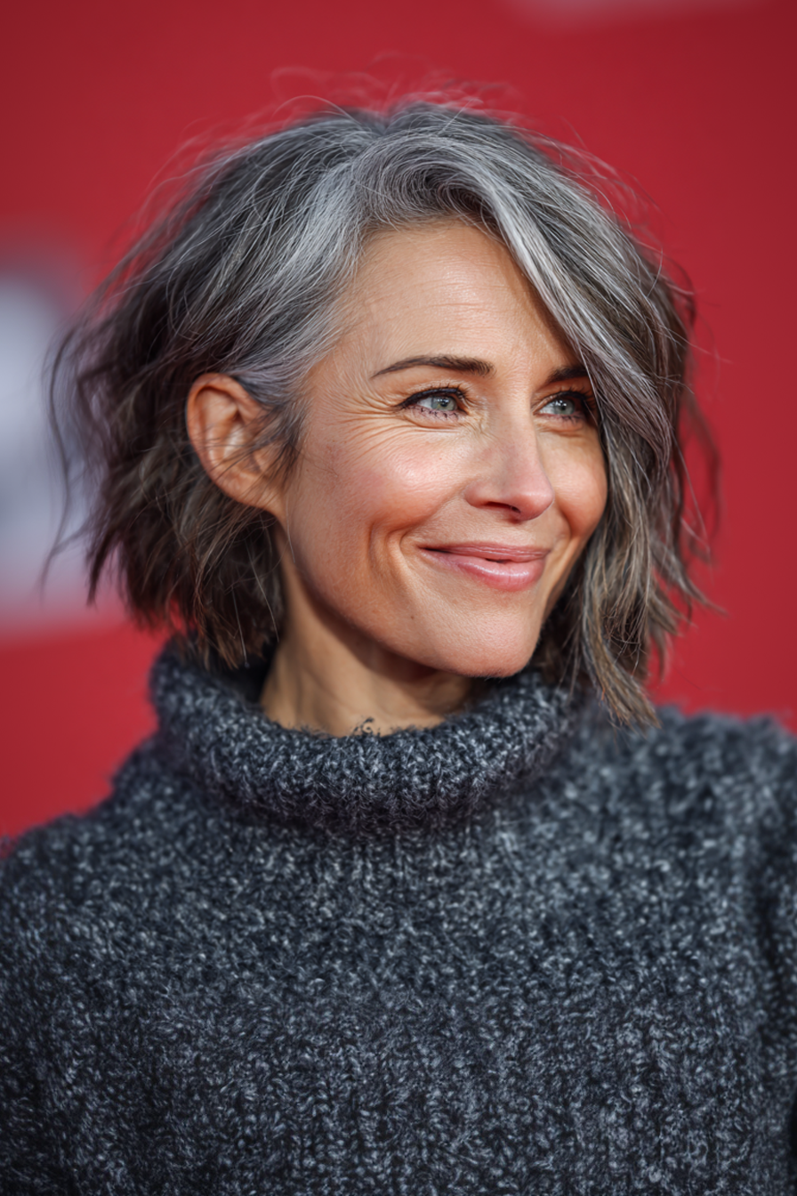 12. Layered Bob mit silbernen Highlights (geschichtete Haarschnitte für Frauen über 40) - geschichtete Haarschnitte für Frauen über 40