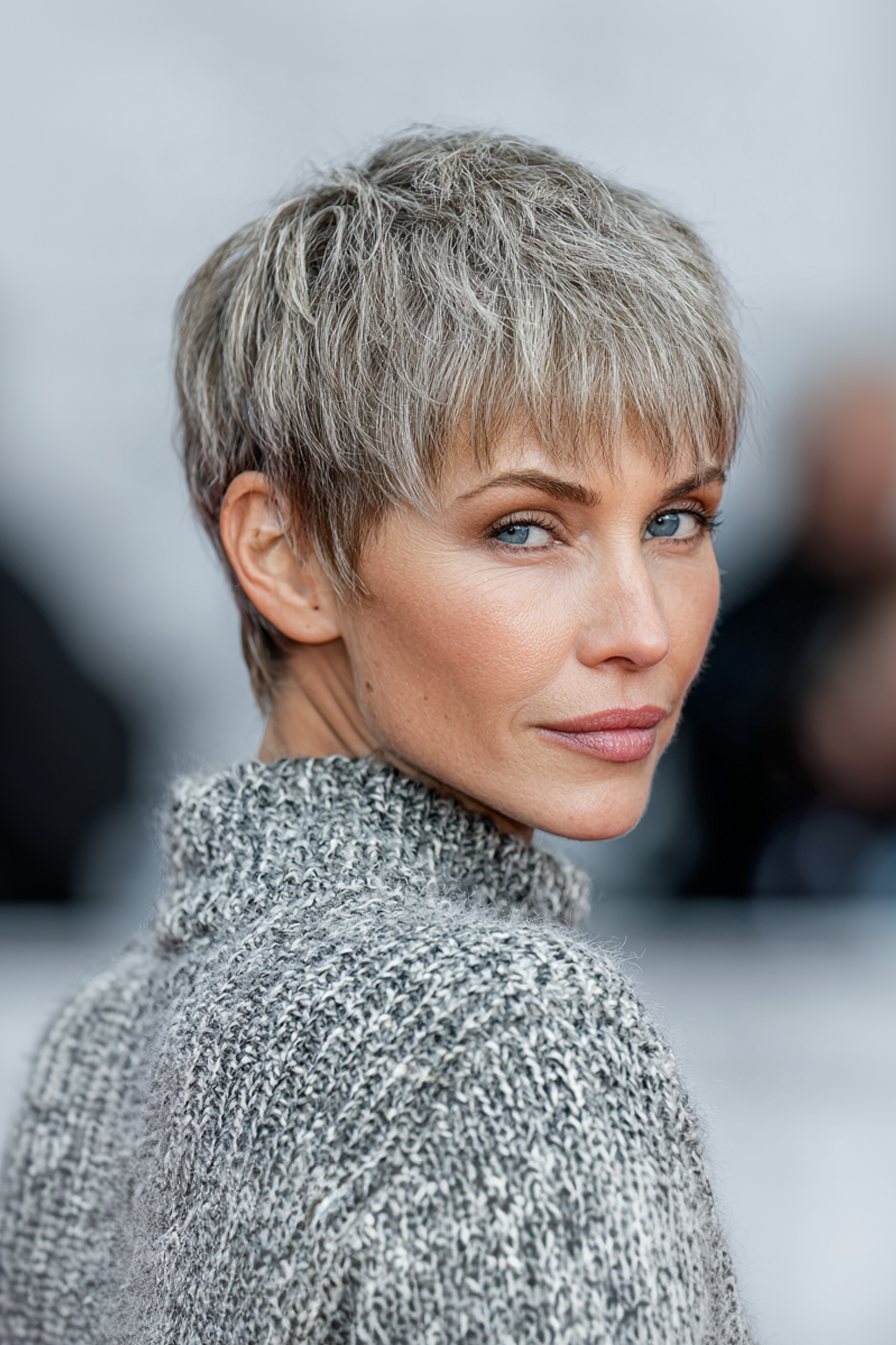 19. Layered Pixie mit silbernen Ascheuntertönen (geschichtete Haarschnitte für Frauen über 40) - geschichtete Haarschnitte für Frauen über 40