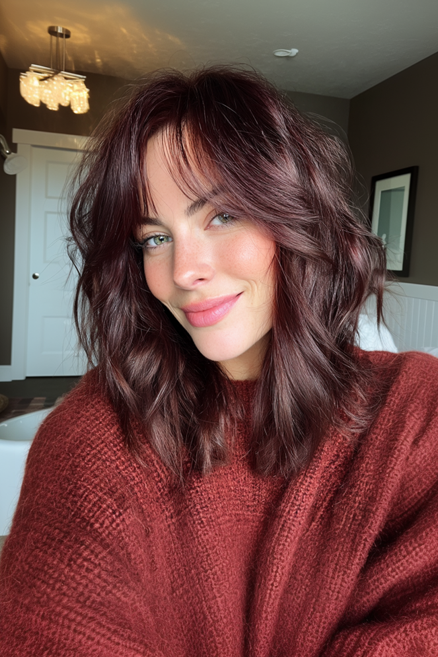 26. Layered Lob mit reichhaltiger Burgunder -Tönung (geschichtete Haarschnitte für Frauen über 40) - Schichthaarschnitte für Frauen über 40