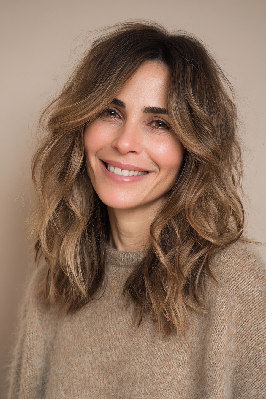 22. Wellige mittelschwere Schichten in rauchigem Braun (geschichtete Haarschnitte für Frauen über 40) - geschichtete Haarschnitte für Frauen über 40