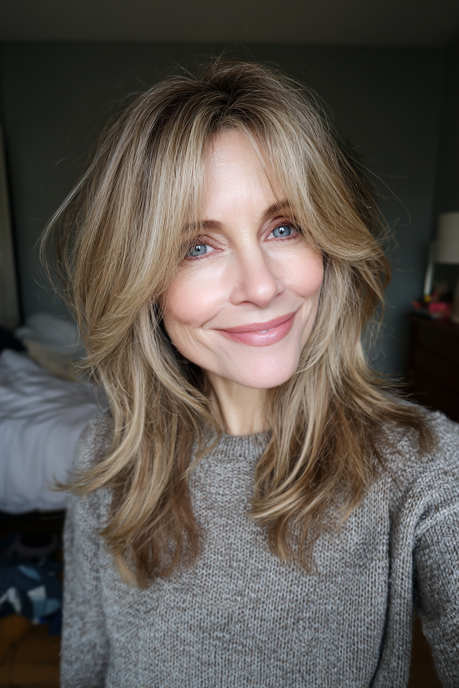 27. Mittelschichten mit subtilem blondem Geldstück (geschichtete Haarschnitte für Frauen über 40) - Geschichtete Haarschnitte für Frauen über 40