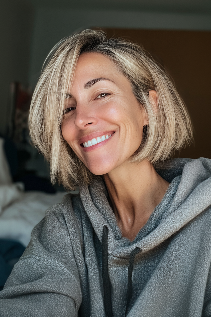 17. Kinnlänge geschichtetes Bob in sandblonde (geschichtete Haarschnitte für Frauen über 40) - Schichthaarschnitte für Frauen über 40