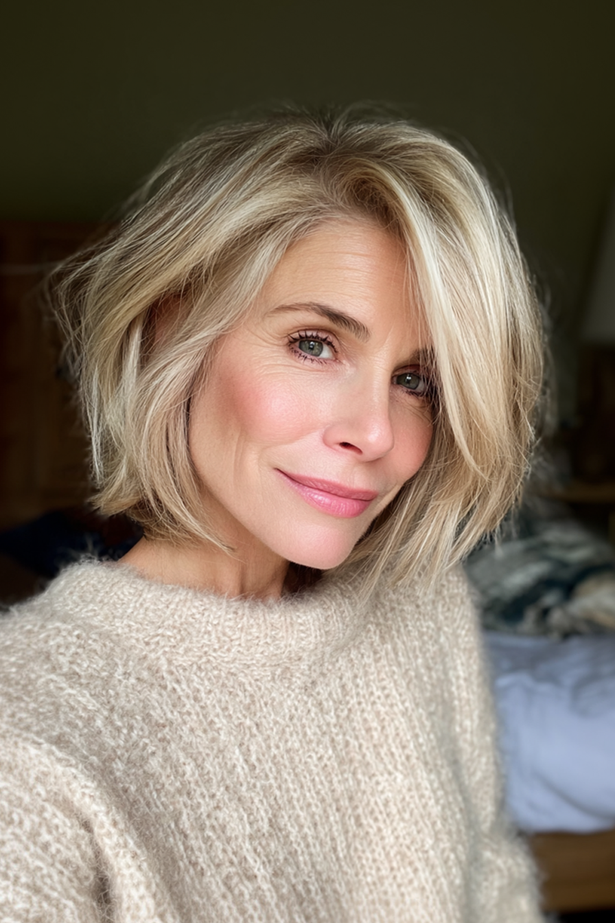 24. abgewinkelter geschichtter Bob in Perlblond (geschichtete Haarschnitte für Frauen über 40) - Geschichtete Haarschnitte für Frauen über 40