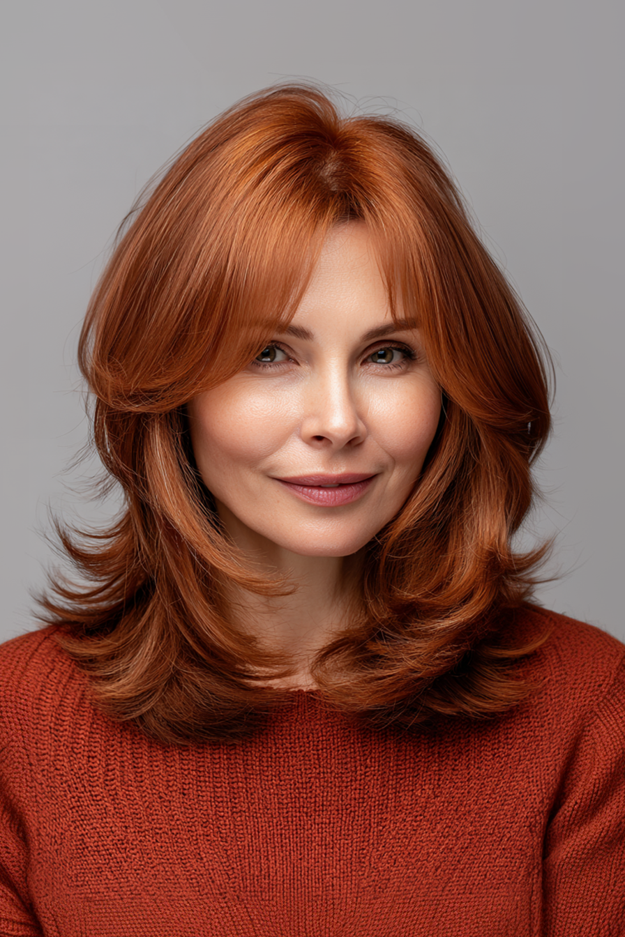 18. Mittellange gefiederter Schnitt mit warmen Kastertönen (geschichtete Haarschnitte für Frauen über 40) - Geschichtete Haarschnitte für Frauen über 40